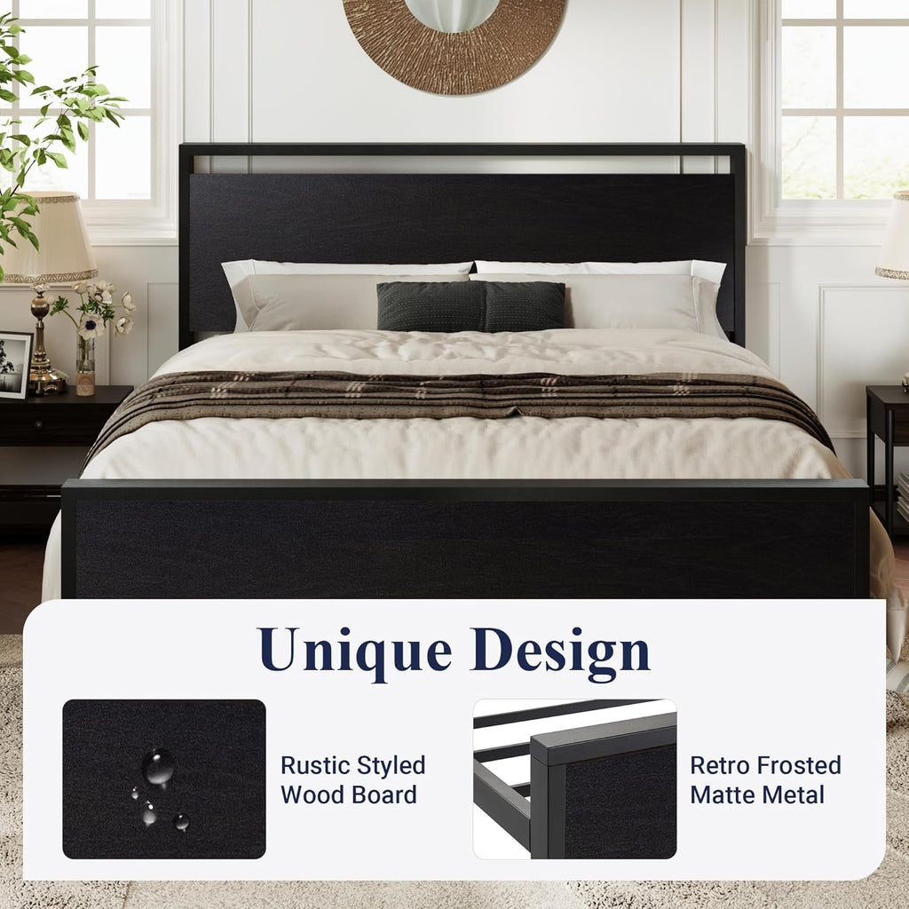 King Platform Bed Frame with Wooden Headboard and Footboard, Heavy Duty 12 Metal Slats Support, No Box Spring Needed