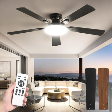 52 Inch Ceiling Fan with Lights and Remote, 30W 12" LED Panel Flush Mount Ceiling Fan
