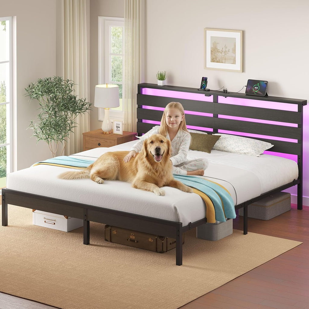 Bed Frame King with USB Charging Station, LED Bed Frame with Wood Storage Headboard