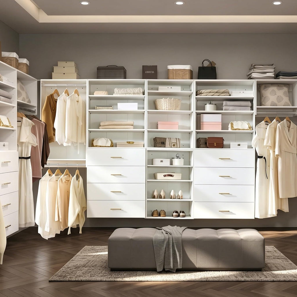 76.5" Modular Closet System, White MDF Walk-In Closet Organizer with Double Hanging Rods, Adjustable Shelves, 4