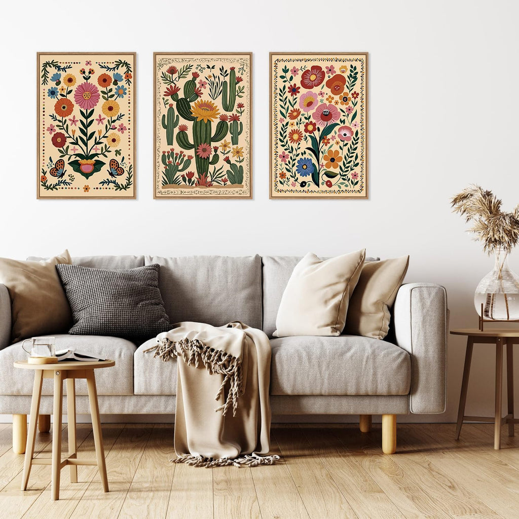 Boho Wildflower Wall Art Canvas,Mid Century Floral Wall Art,Butterfly Flower Artwork Watercolor,Cactus Framed