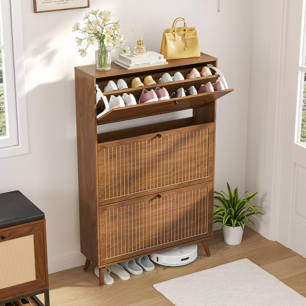 Shoe Storage Cabinet with 3 Flip Drawers, Narrow Shoe Organizer with Fluted Panel, Freestanding Wood Hidden Shoe
