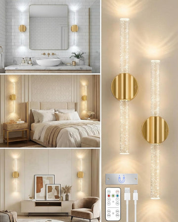 Peel and Stick on Wall Sconce set of 2 Wireless Battery Operated Wall Light | Rechargeable Gold No Drill Magnetic