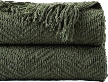 Olive Green Chenille Throw Blanket, Knit Throw Blanket,Super Soft Warm Home Decor Throw Blanket with Tassels,50" x 60"