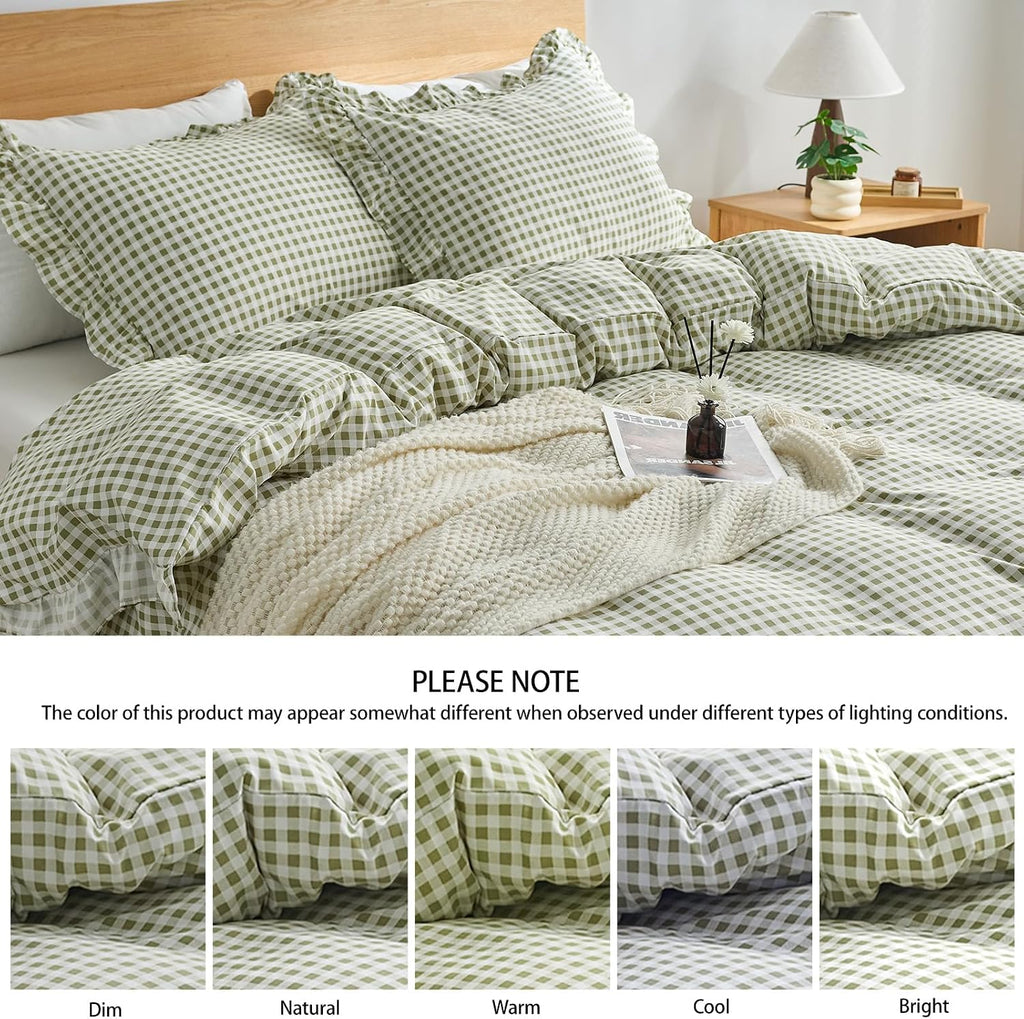 Gingham Duvet Cover, 3 Pieces Soft Breathable Microfiber Plaid Duvet Cover with Zipper Closure & 2 Pillow