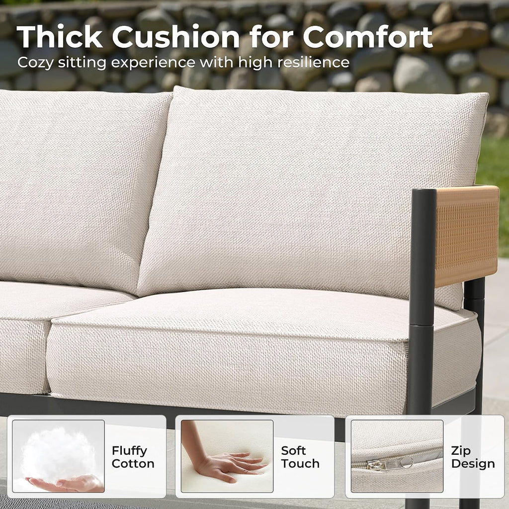 Gand Patio Outdoor 3-Seat Couch Sofa, Wicker Conversation Set with Thick Cushion for Porch, Garden, Yard, Natural