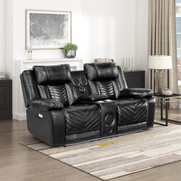 Wall Hugger Power Double Reclining Loveseat with Console, Faux Leather Home Theater Seating with LED Lighting