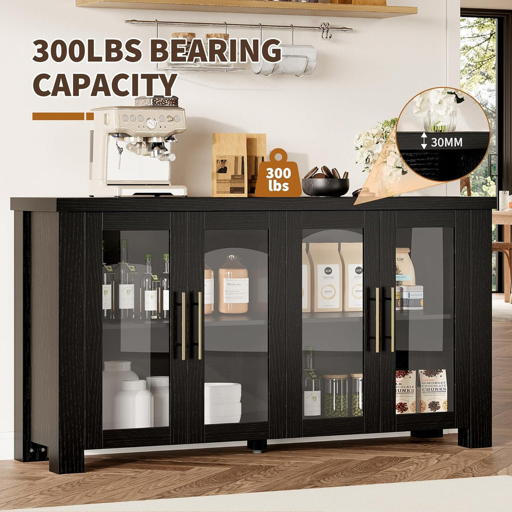 Buffet Cabinet with Storage, 59" Sideboard Credenza with Tempered Glass Doors, Wood Buffet Table for Living Room