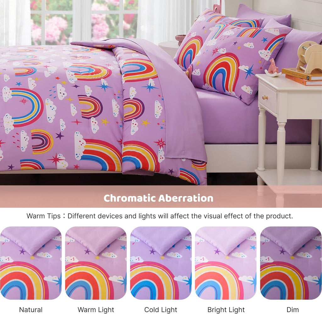 Full Comforter Set for Girls-7 Pieces Purple Rainbow Glow in the Dark Full Bedding Sets for Kids