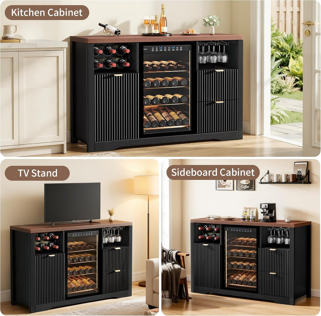 Coffee Bar Cabinet with Mini Fridge Space, 53"Wine Cabinets with Storage | Wood Fluted Liquor Cabinet with Storage