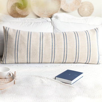 14x36 Decorative Lumbar Throw Pillow Covers, Farmhouse Linen Textured Long Pillow Case, Beige with White & Navy Blue
