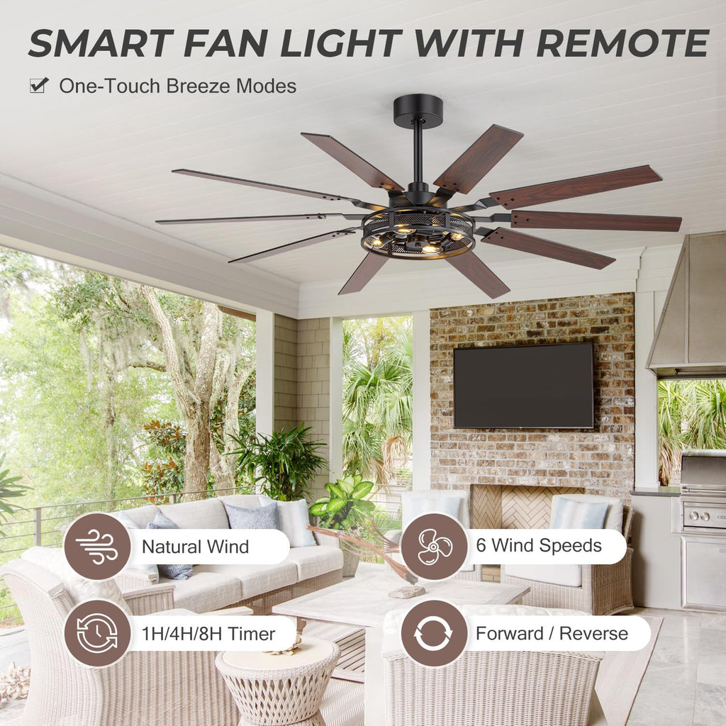 60 Inch Farmhouse Ceiling Fans with Rustic Lights, Caged Ceiling Fans with Remote