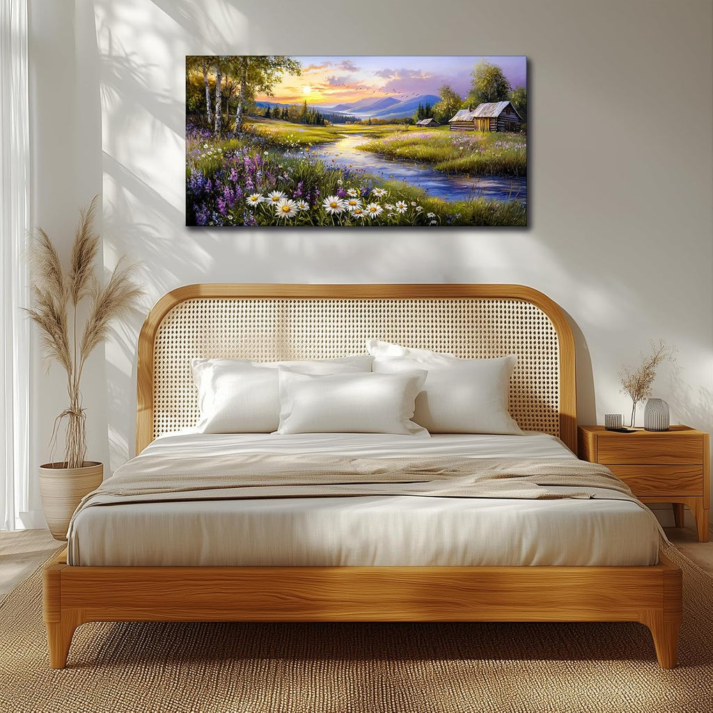 Large Wall Art Prints, Rural Landscape Wall Decor, Meadow Wildflower Canvas Painting, River Cottage Pictures Home