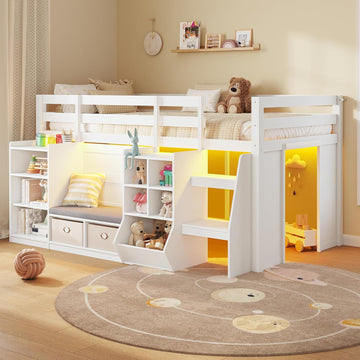 Low Loft Bed Twin with LED Lights, Wooden Kids Twin Loft Bed with Storage Bookcase, Toy Box