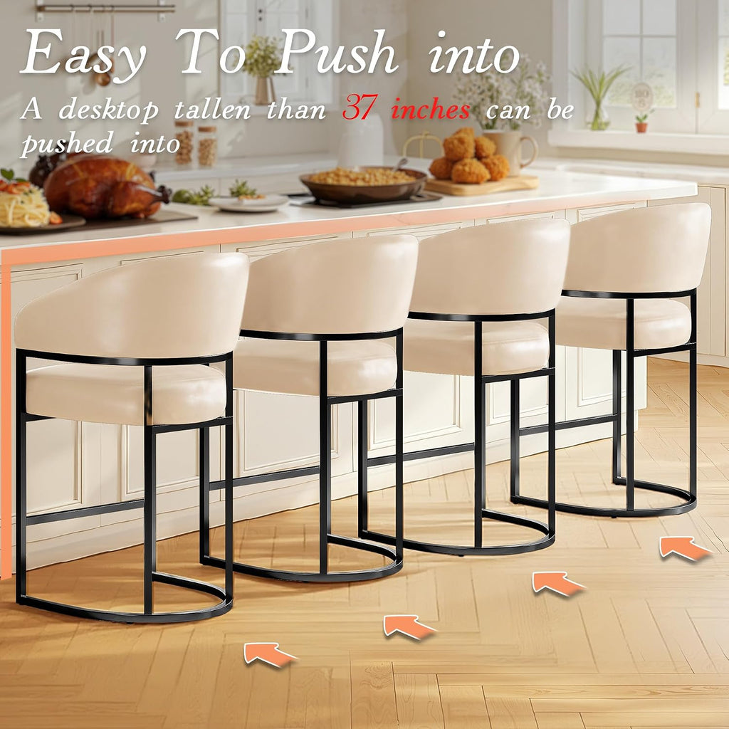 Modern Counter Height Bar Stools,Bar Stools Set of 4,PU Leather Upholstered Barrel Barstools with Backs,26"