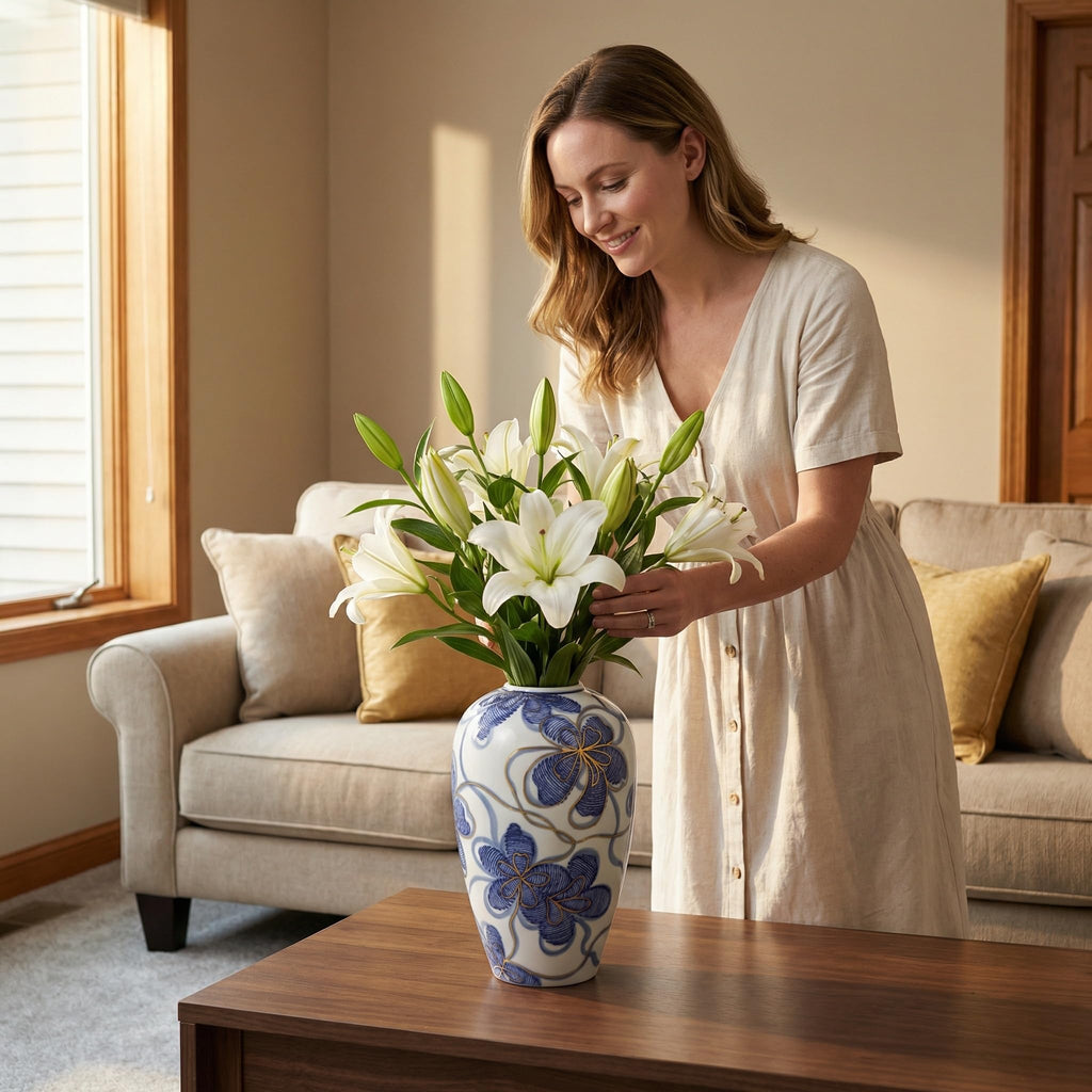 Blue and White Ceramic Vase Decor - Hand-Painted Porcelain Flower Vase with Gold Accents - Chinoiserie-Inspired Home