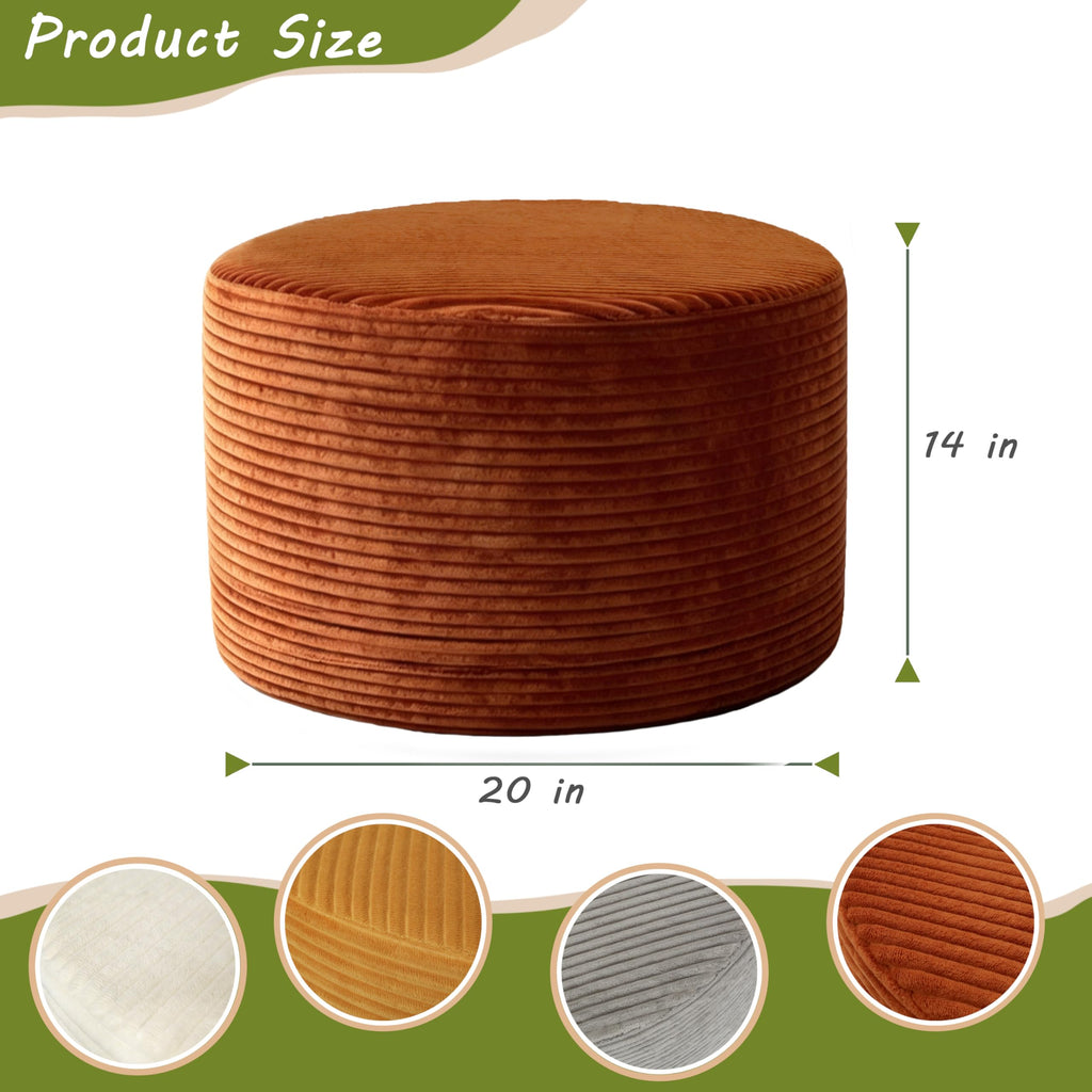 Round Ottoman Pouf, Corduroy Foot Rest Stool, 20x14In, Burnt Orange