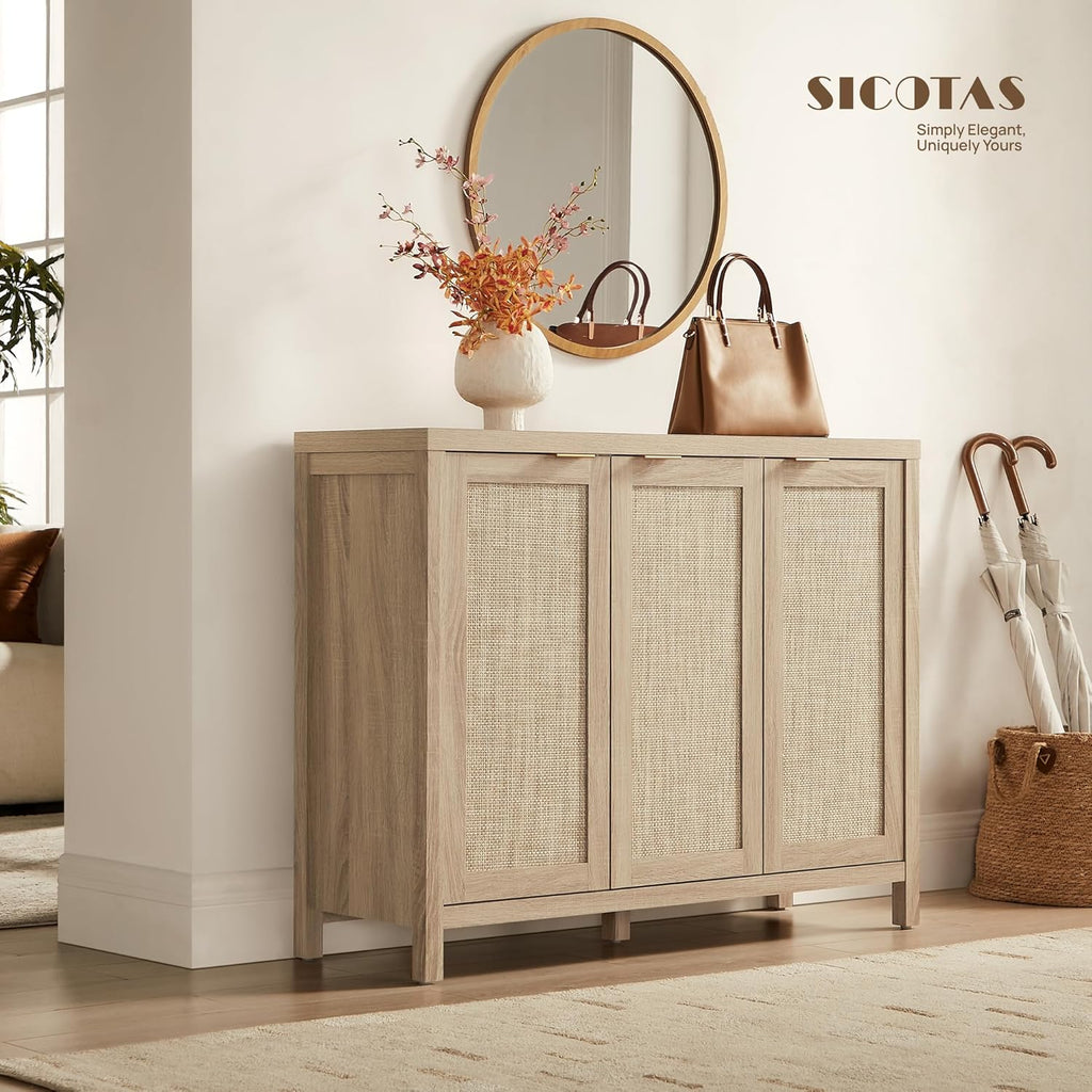 Rattan Buffet Cabinet with Storage 43.5" Sideboard Cabinet with 3 Doors & Adjustable Shelves Wood Sideboard Credenza