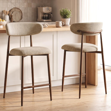 26'' Counter Height Bar Stools Set of 2, Mid Century Modern Chenille Barstools with Curved Back and Walnut Wood Grain