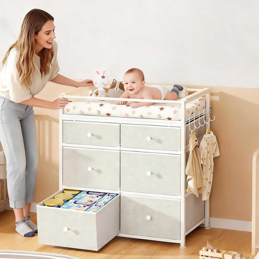 Baby Diaper Changing Table & Station with 6 Drawers Organizer | Heavy Duty Baby Changing Table Organizer Dresser