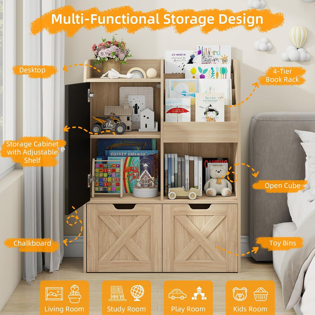 Kids Bookshelf with Reading Nook and Blackboard, 3-in-1 Toy Storage Organizer with 2 Movable Drawers, Wood Toy Chest