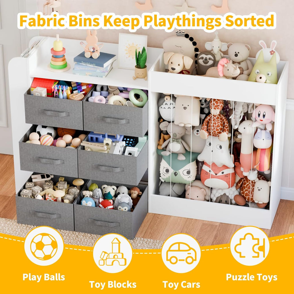 61"W Toy Storage Organizer with 6 Storage Bins, 3-Tier Kids Bookcase & 211L Stuffed Animal Holder, 3-in-1 Plush Toy