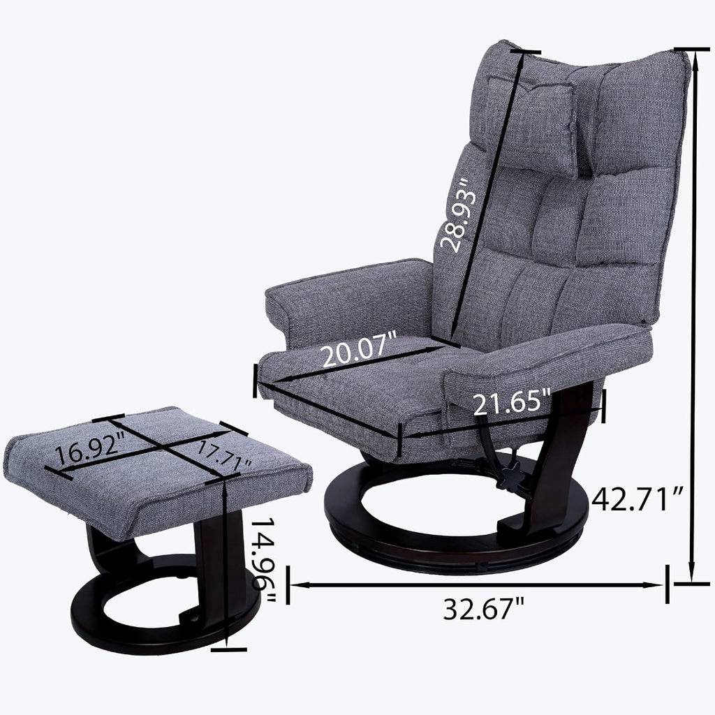 Modern Reclining Swivel Lounge Chair and Ottoman — Grey Chenille