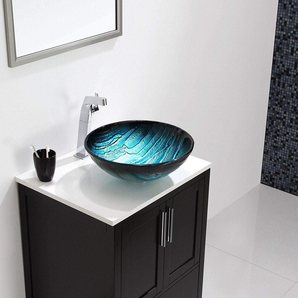 Nature Series Round Blue Glass Vessel Bathroom Sink, 17 inch GV-399-19mm