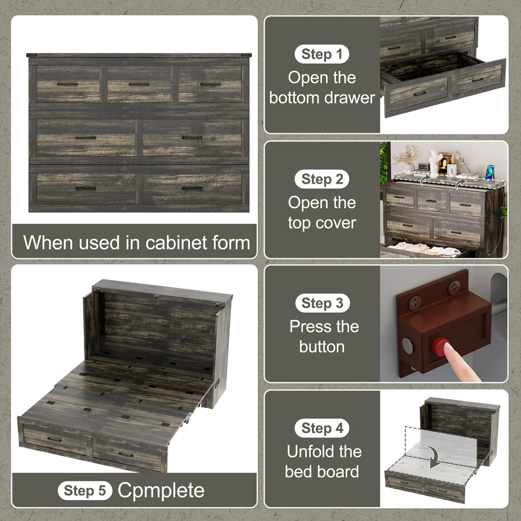 Queen Size Murphy Bed, Cabinet Bed with Charging Station, Multi-Functional Foldable Platform Bed with 1 Large Storage