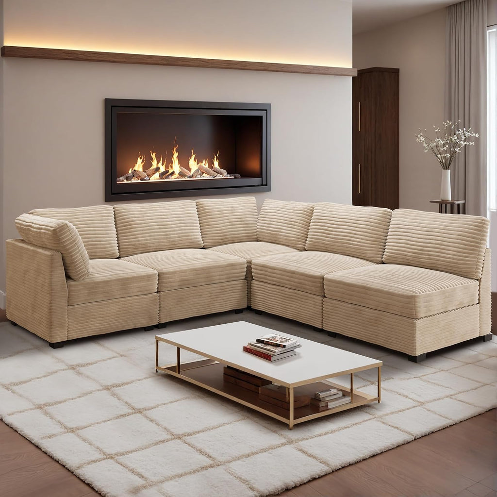 Modular Sectional Sofa,5 Pieces Sectional Couches ,98X98 L Shaped Cloud Couch Set(Beige Velvet Corduroy)
