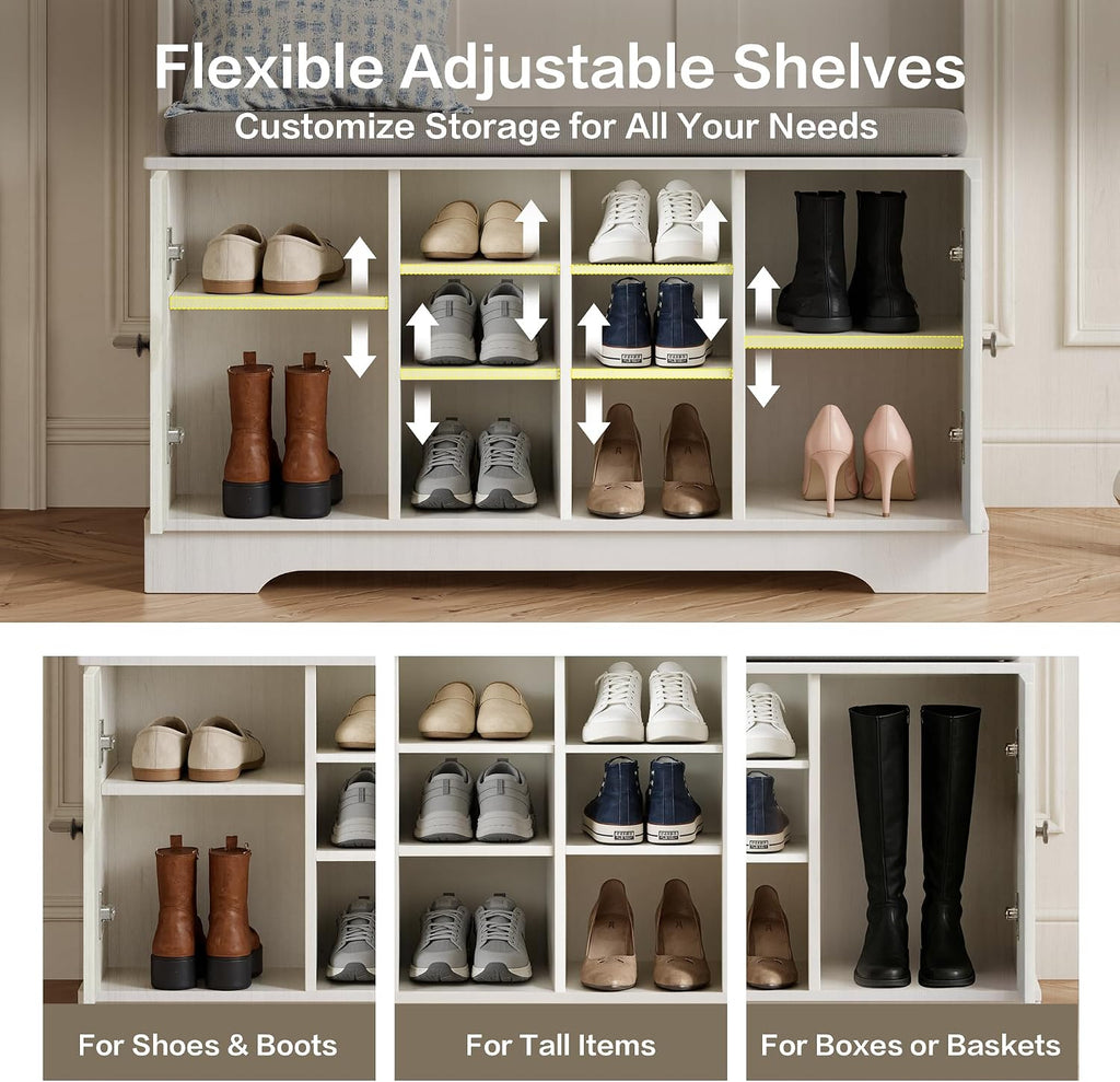 71" Hall Tree with Bench and Shoe Storage, Entryway Hall Tree with 2 Doors and 6 Adjustable Shelves, Cushioned