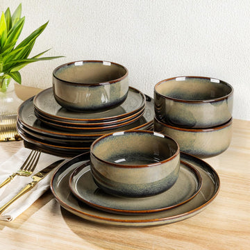 Ceramic Dinnerware Sets for 4, 12 Pieces Handmade Reactive Glaze Plates and Bowls Set, Scratch Resistant Dish Set