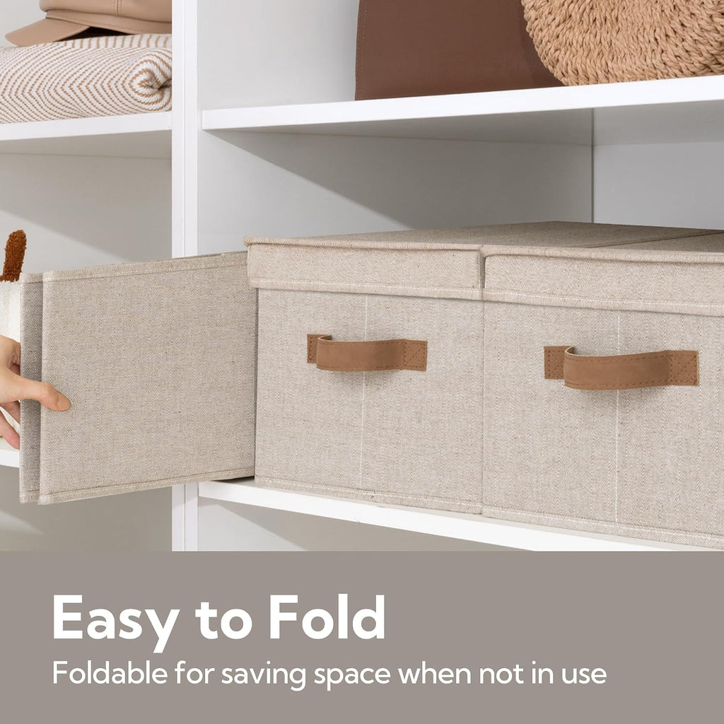 Fabric Storage Bins with Lids, Decorative Storage Bins with PU Handles, Foldable Storage Baskets for Closet, Shelves