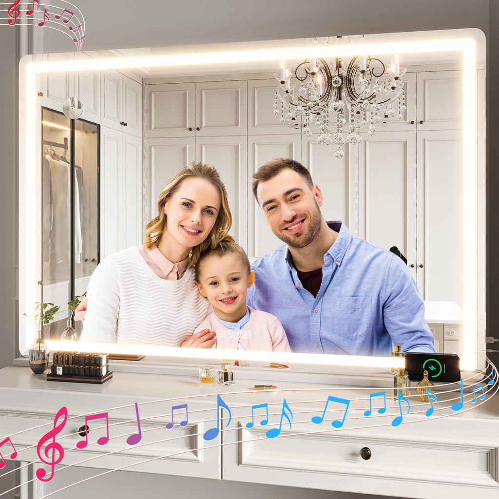 Vanity Mirror with Lights and Bluetooth Speaker, 50.2" x 33.9" LED Makeup Mirror, Lighted Makeup Mirror with Dimmable
