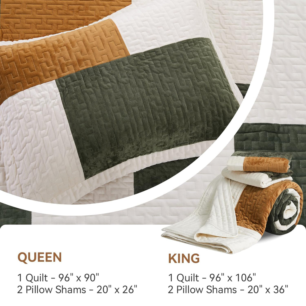 Velvet Quilt Set, Luxury Patchwork Design, Green Caramel