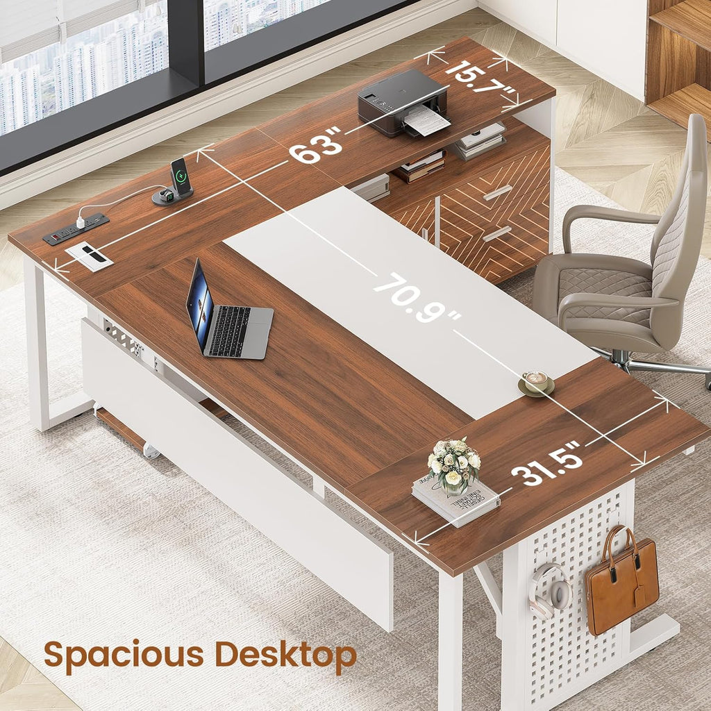 71" Executive Desk with Rolling File Cabinet, Large Office Desk with Drawers