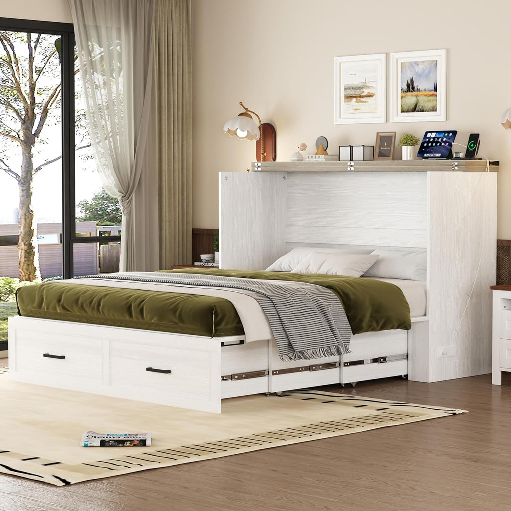 Modern Farmhouse Solid Wood Murphy Cabinet Bed with Charging Station, Foldable Wall Platform Bed with Storage