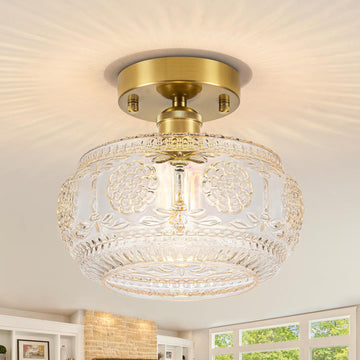 Semi Flush Mount Ceiling Light Fixture - Brass & Floral Glass Shade, Vintage Modern Lighting (Bulb Not Included)