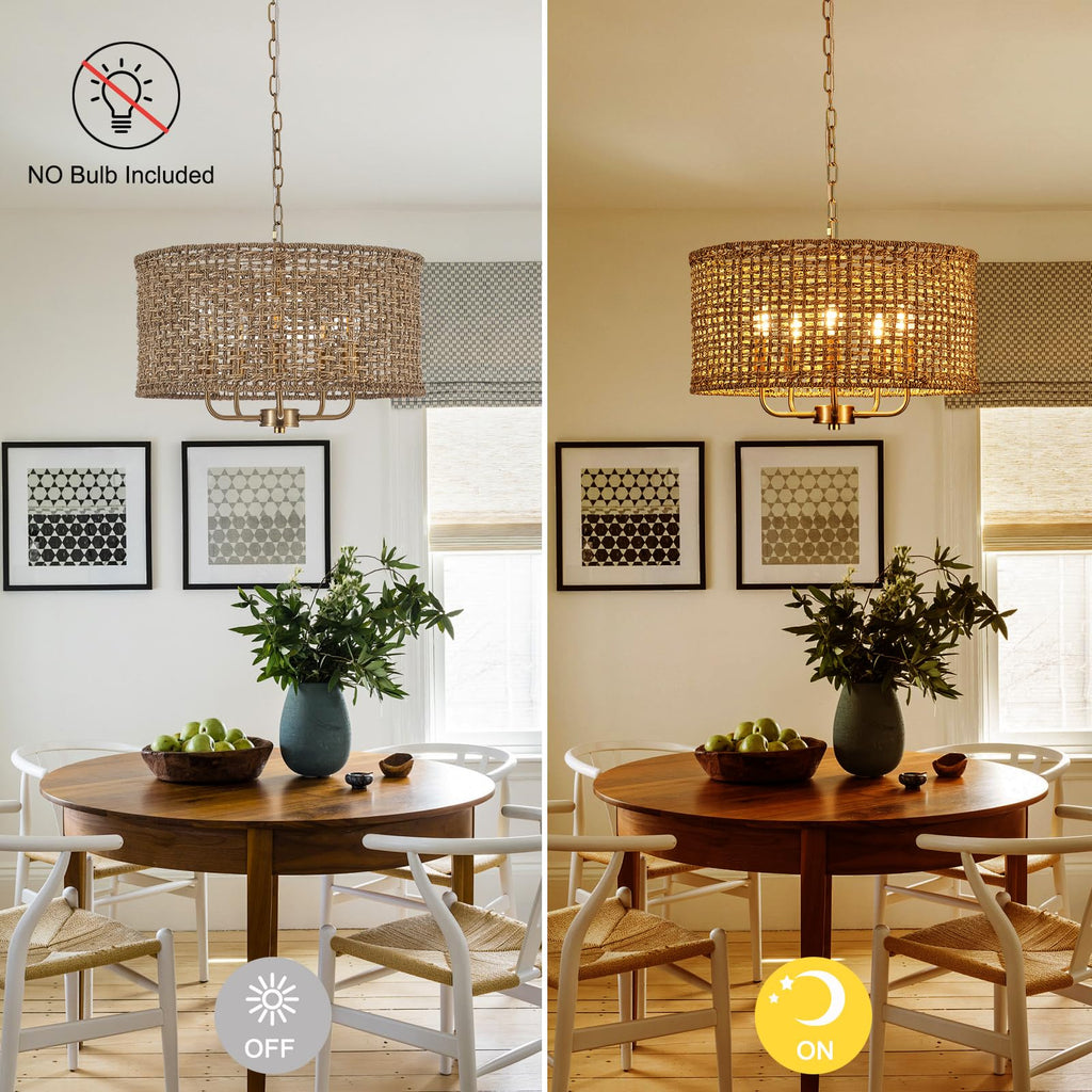 19.7" Gold Rattan Chandelier, 5-Light Boho Wicker Light Fixture