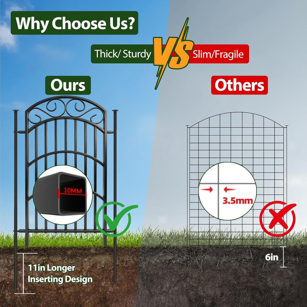 8 Panels Decorative Garden Fence, 40in(H)×18Ft(L) Heavy Duty Metal Outdoor Dog Fence Rustproof Square Tube No Dig