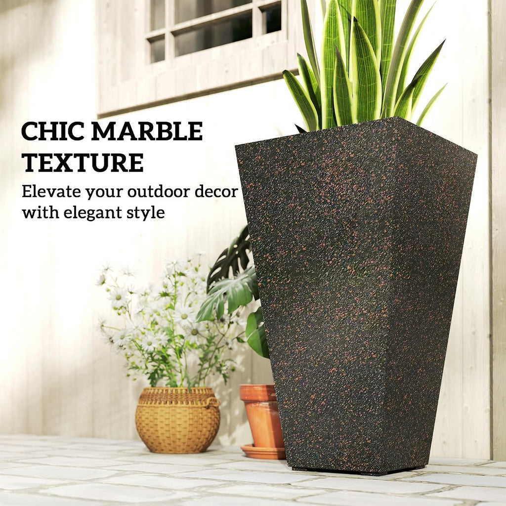 28 Inch Tall Planters for Outdoor Plants Set of 3, Brown | Marble Finish, Drainage Holes, Stackable Tapered Design