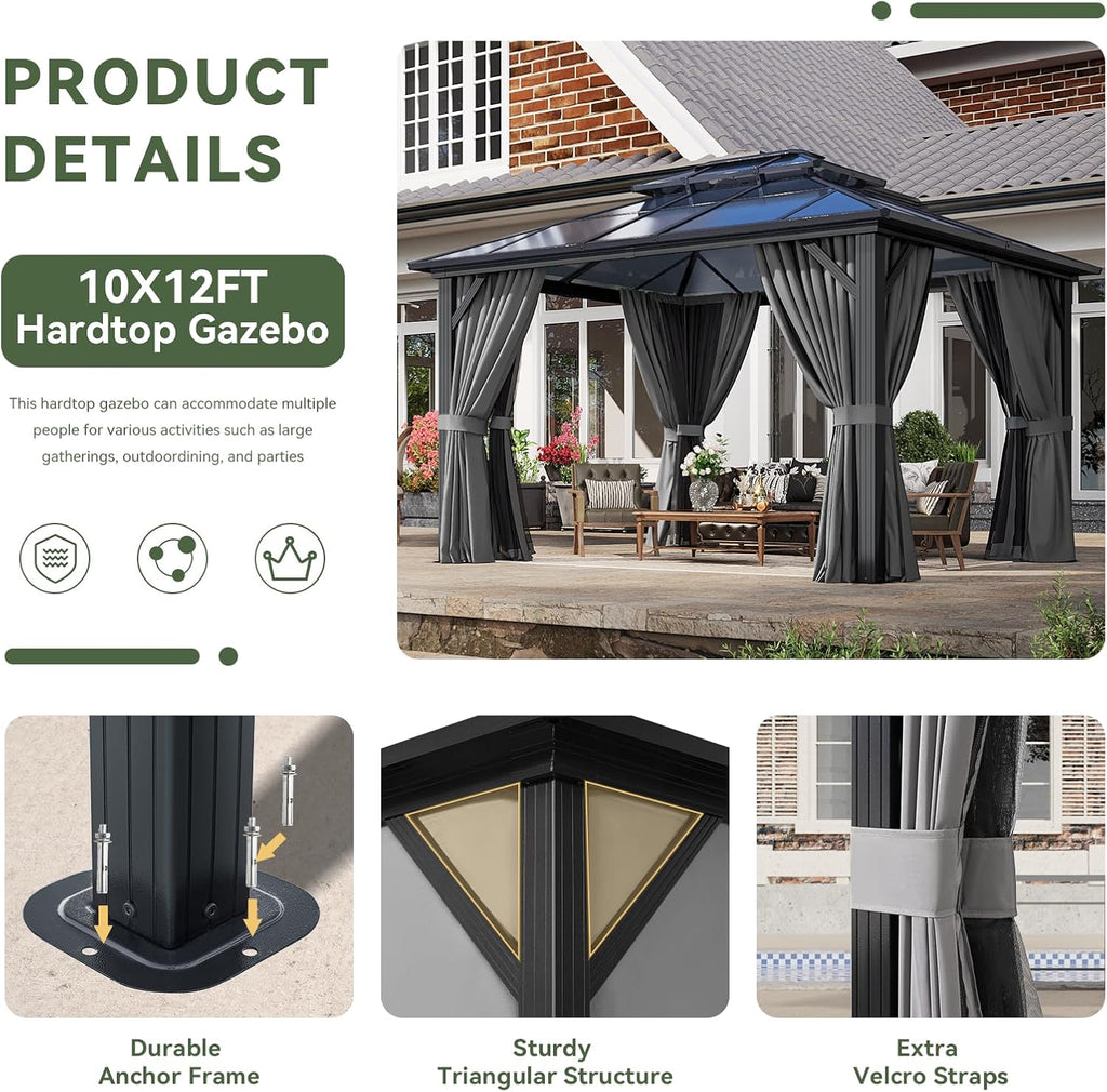 10'x12' Hardtop Gazebo, Metal Frame Permanent Pavilion with Curtains and Netting