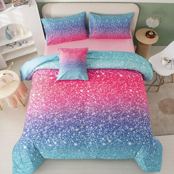 Girls Bedding Set 6 Piece Blue Pink Comforter Set Kids Bed in A Bag Colorful Rainbow Glitter Bed Set Decoration