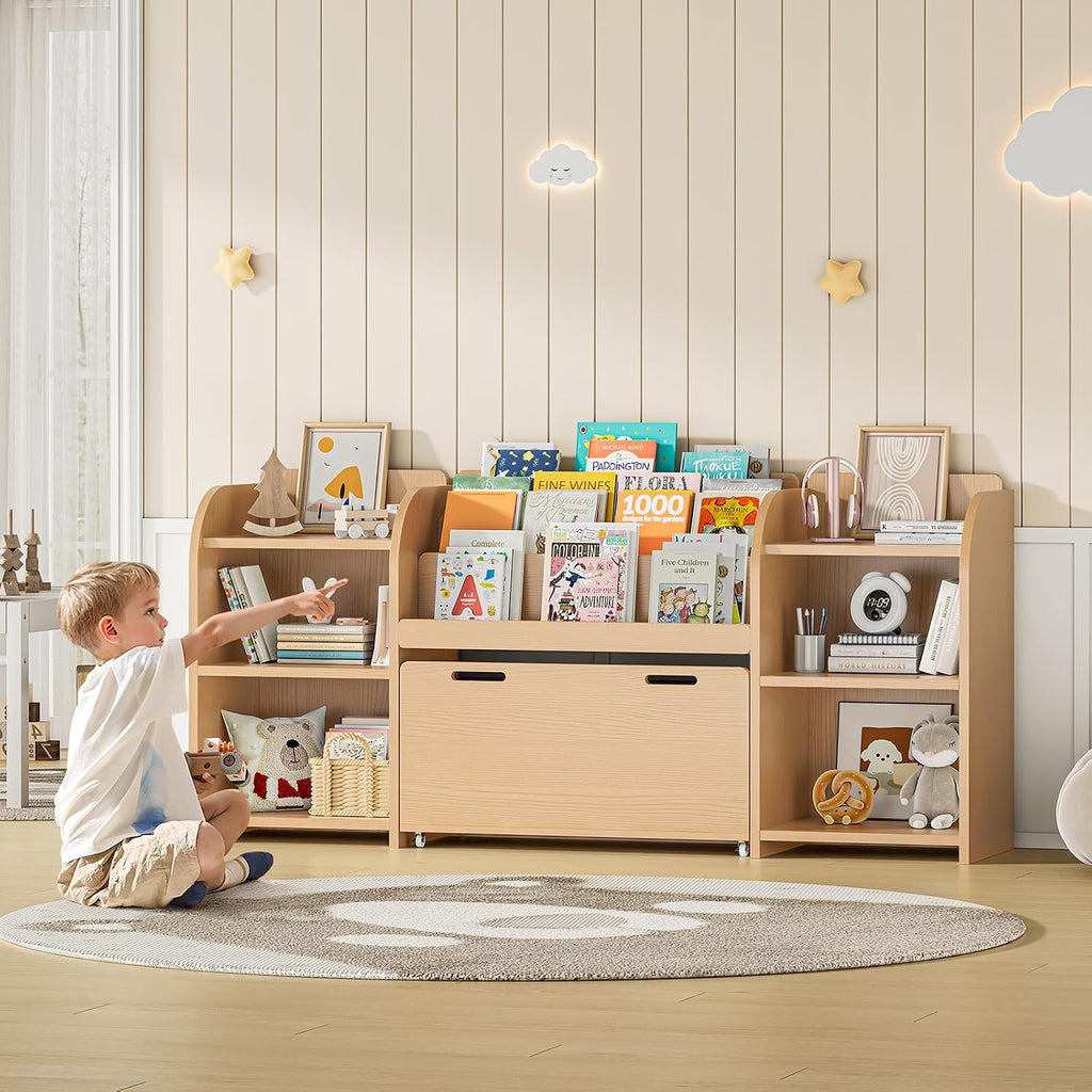 Kids Bookshelf with Reading Nook, 64.5" Toy Storage Organizer with Movable Bench with 3 Storage, Kids Bookcase with
