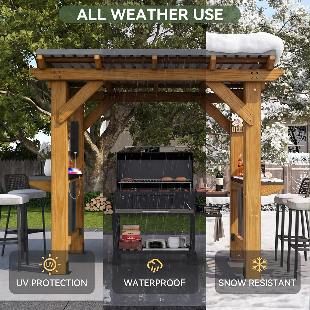8' x 5' Cedar Wood Grill Gazebo, Hardtop BBQ Gazebo with Weather-Resistant Power Strip and Bar Tops