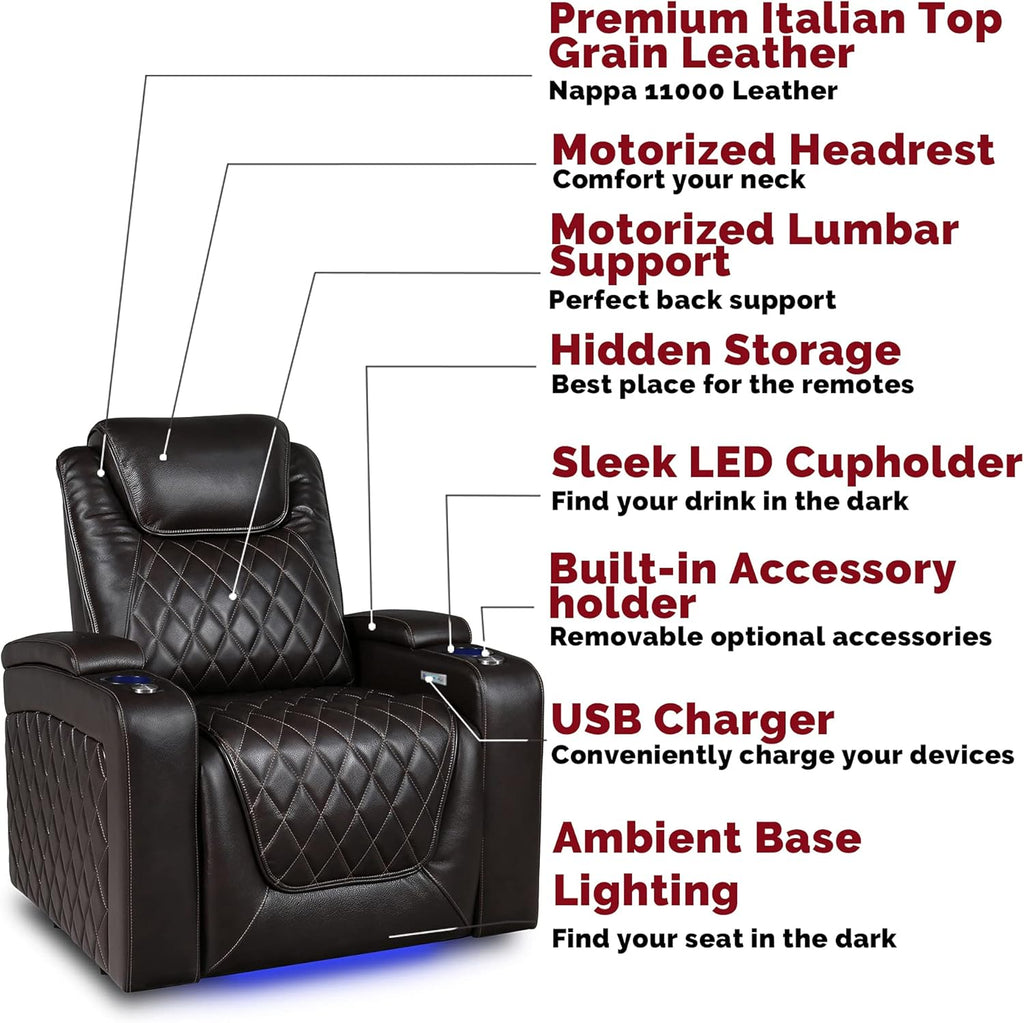 Oslo Home Theater Seating | Premium Top Grain Italian Nappa 11000 Leather, Power Recliner, Power Headrest