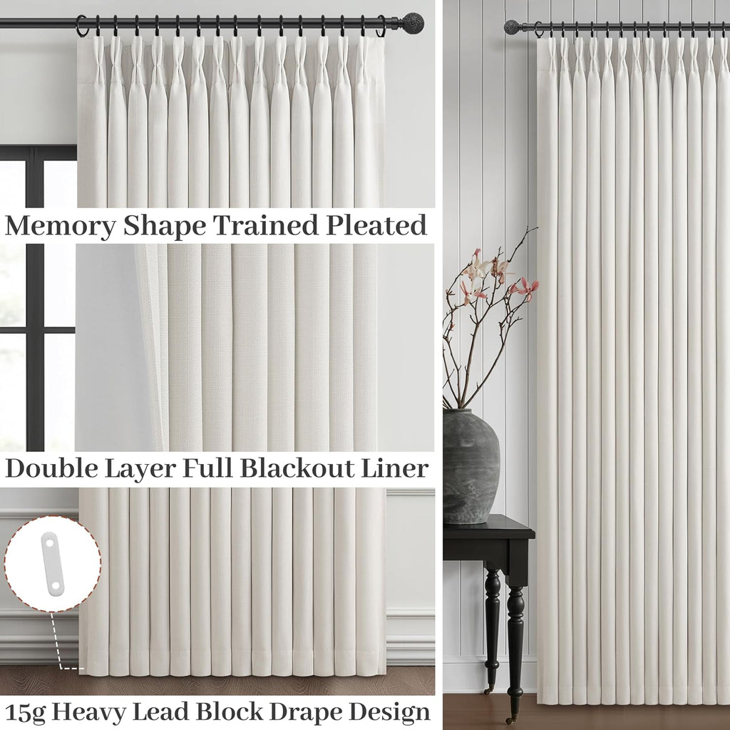 Pleat Viral Linen Blackout Curtains (Set of 2 Panels), Pinch Pleated Soundproof Privacy Farmhouse Window Drapes Decor