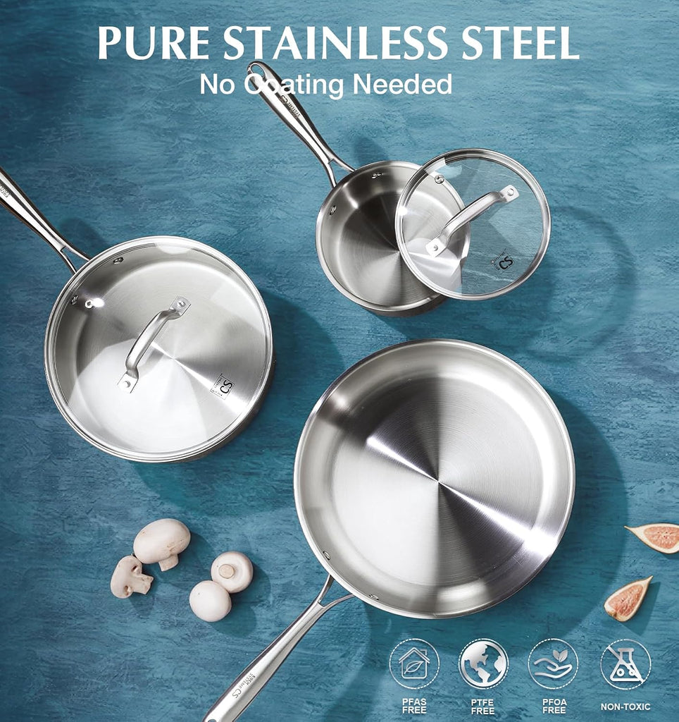 Stainless Steel Cookware Set 21 Piece with 5-Layer Base, Professional 18/10 Stianless Steel Pots and Pans Set