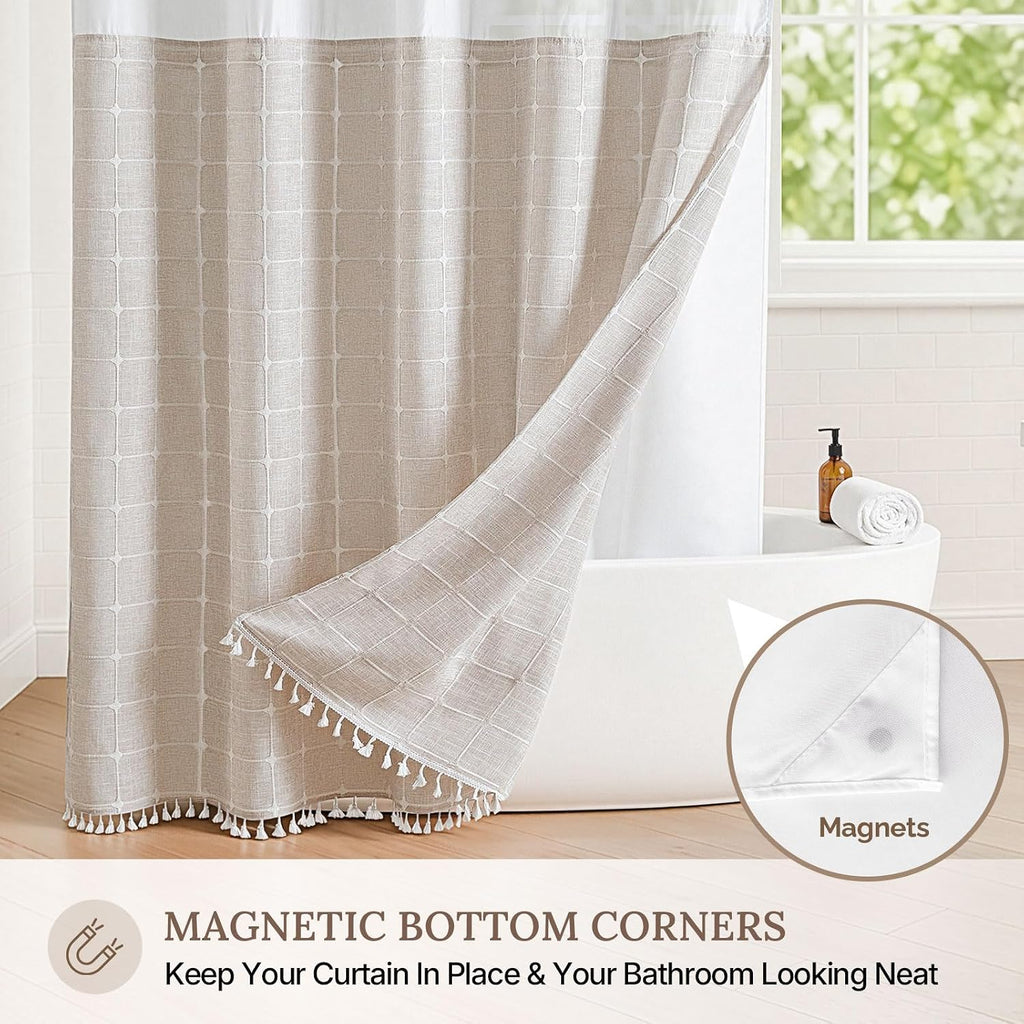 Farmhouse Linen Textured Shower Curtain with Snap-in Liner Set, No Hooks Needed, with Tassels for Rustic Bathroom