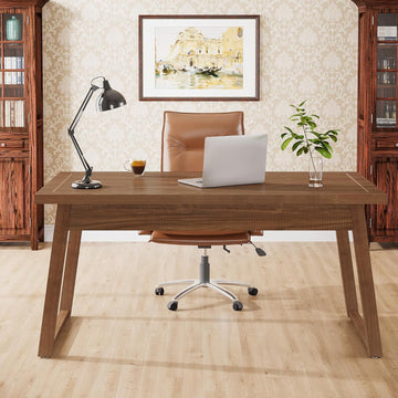Home Office Executive Desk: 55 Inches Wooden Computer Desk with Drawer, Mid-Century Modern Study Writing Table